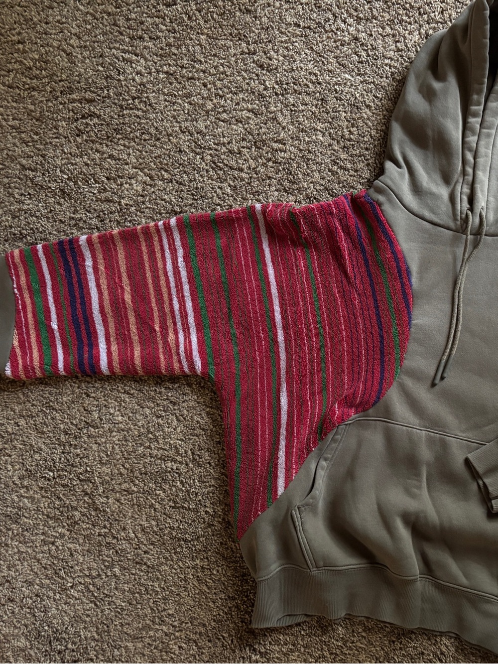 Handmade upcycled hoodie with vintage beach towel.